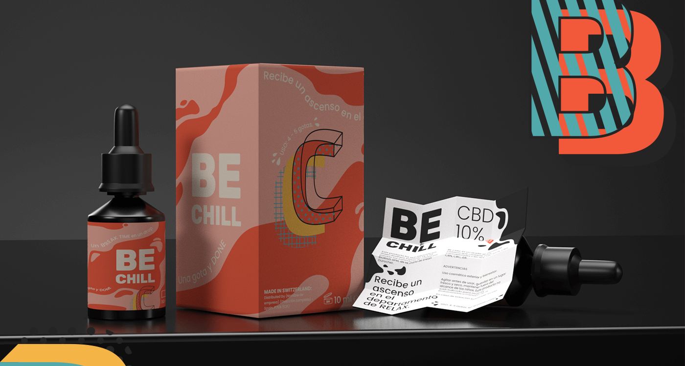 Renderizado 3D del producto CBD, packaging y prospecto diseñados
